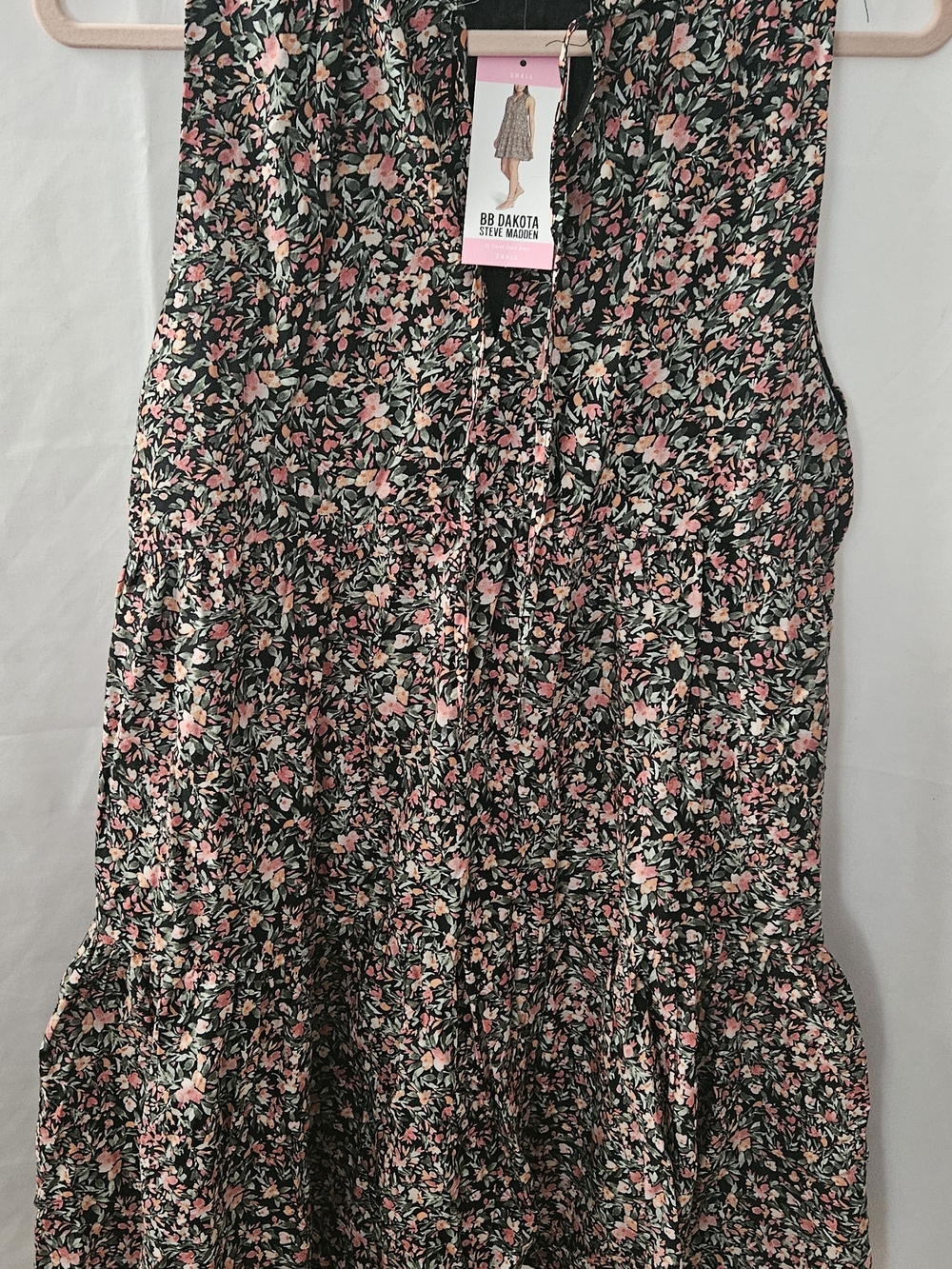 #1 BB Dakota Black Floral Tiered Midi Dress with Pink & Cream Blossoms